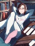  1girl absurdres arms_behind_head ass bodysuit book bookshelf breasts brown_hair closed_mouth crossed_legs evangelion:_3.0+1.0_thrice_upon_a_time eyebrows_visible_through_hair feet foot_out_of_frame glasses hairband hammock highres legs long_hair looking_at_viewer lying makinami_mari_illustrious medium_breasts neon_genesis_evangelion on_back plugsuit rebuild_of_evangelion red-framed_eyewear smile soles solo twintails white_bodysuit yakisobaosu 