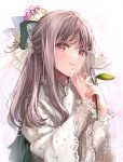  1girl bangs blush bow brown_hair commentary_request flower green_bow hair_bow highres holding holding_flower japanese_clothes kimono long_hair long_sleeves looking_at_viewer original parted_lips puracotte see-through smile solo violet_eyes white_flower white_kimono wide_sleeves 