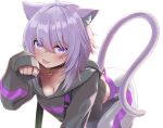  1girl :p absurdres animal_collar animal_ear_fluff animal_ears bangs black_collar black_hoodie blush breasts cat_ears cat_girl cat_tail collar eyebrows_visible_through_hair hair_between_eyes highres hololive hood hood_down hoodie long_sleeves looking_at_viewer medium_hair nekomata_okayu pants paw_pose purple_hair simple_background sleeves_past_wrists solo tail tongue tongue_out uetaku violet_eyes virtual_youtuber white_background white_pants 