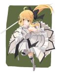  1girl armor armored_dress artoria_pendragon_(all) black_bow blonde_hair blue_sky bow breastplate caliburn dress eyebrows_visible_through_hair fate/grand_order fate/unlimited_codes fate_(series) faulds floating_hair gauntlets green_eyes hair_between_eyes hair_bow hands_on_hilt highres long_hair looking_at_viewer nono_(pixiv99380) outdoors petals ponytail saber_lily signature sleeveless sleeveless_dress solo standing white_dress 