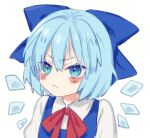  1girl :&lt; bangs blue_bow blue_eyes blue_hair bow cirno hair_between_eyes hair_bow ice ice_wings short_hair simple_background solo tomobe_kinuko touhou upset white_background wings 