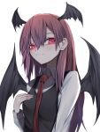  1girl bat_wings black_vest breasts closed_mouth eyebrows_behind_hair hair_behind_ear hair_between_eyes hand_on_own_chest head_wings highres koakuma light_blush light_smile long_hair long_sleeves looking_to_the_side necktie red_eyes red_necktie redhead simple_background small_breasts solo touhou tsune_(tune) upper_body vest white_background wing_collar wings 