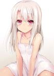  1girl bangs bare_shoulders between_legs bikini bikini_under_clothes blush breasts closed_mouth collarbone dress eyebrows_visible_through_hair fate/kaleid_liner_prisma_illya fate_(series) hair_between_eyes hand_between_legs illyasviel_von_einzbern long_hair looking_at_viewer micro_bikini pink_bikini red_eyes see-through_silhouette sen_(astronomy) shiny shiny_skin sidelocks simple_background sitting sleeveless small_breasts smile solo sundress swimsuit thighs white_dress white_hair 