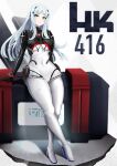  1girl :o arms_behind_back bangs bodysuit breasts character_name eyebrows_visible_through_hair full_body girls_frontline green_eyes hair_ornament hairclip highres hk416_(girls&#039;_frontline) hk416_(midnight_evangelion)_(girls&#039;_frontline) leaning_back light_blue_hair long_hair looking_at_viewer medium_breasts solo standing teardrop_facial_mark teardrop_tattoo white_background yan_kodiac 