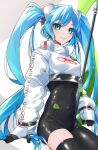  1girl bangs black_bodysuit black_gloves black_legwear blue_eyes blue_hair blush bodysuit closed_mouth clothes_writing covered_navel eyebrows_visible_through_hair gloves hatsune_miku headgear highres long_hair long_sleeves looking_at_viewer racing_miku racing_miku_(2022) shrug_(clothing) single_thighhigh skin_tight skindentation smile solo soramame_pikuto staff thigh-highs twintails very_long_hair vocaloid white_background 