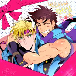  2boys ^_^ anzumame battle_tendency blonde_hair blue_jacket blue_scarf blush bow brown_hair caesar_anthonio_zeppeli closed_eyes facial_mark feather_hair_ornament feathers fingerless_gloves gloves green_eyes hair_ornament headband hug jacket jojo_no_kimyou_na_bouken joseph_joestar joseph_joestar_(young) korean_text male_focus multicolored_clothes multicolored_scarf multiple_boys purple_scarf scarf striped striped_scarf triangle_print 