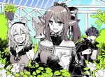  1boy 2girls :d animal animal_ear_fluff animal_ears animal_on_shoulder arknights blush book bow broken_horn choker closed_eyes collarbone demon_horns dog_ears dress fennec_fox flamebringer_(arknights) fox fox_ears greenhouse hair_bow happy holding holding_book holding_watering_can horns jacket jewelry long_hair multiple_girls noinoi5551 off-shoulder_dress off_shoulder official_alternate_costume open_mouth partially_colored perfumer_(arknights) perfumer_(leisurely_afternoon)_(arknights) plant podenco_(arknights) podenco_(wake_up_from_a_nap)_(arknights) pointy_ears ponytail potted_plant ring short_hair sleeveless sleeveless_dress smile upper_body watering_can 
