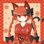  1girl :3 alternate_costume animal_ears black_bow blush bow braid cat_ears cat_tail commentary_request eyebrows_visible_through_hair floral_print hair_bow highres japanese_clothes kaenbyou_rin kimono long_hair long_sleeves mizuki_ruu193 multiple_tails red_eyes red_kimono redhead tail touhou twin_braids two_tails upper_body 