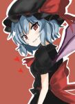  1girl alternate_color back_bow bat_wings black_dress blush bow dress hat heart light_smile looking_at_viewer looking_back mob_cap mokoo43451177 outline puffy_short_sleeves puffy_sleeves red_background red_eyes remilia_scarlet short_sleeves solo touhou touhou_lost_word white_outline wings 