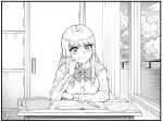  1girl absurdres blush closed_mouth curtains desk greyscale highres indoors long_hair long_sleeves looking_at_viewer mechanical_pencil mole mole_under_mouth monochrome nakachiruno original pencil school_uniform sitting smile solo window 