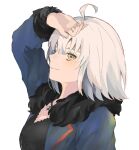  1girl ahoge bangs blush breasts closed_mouth coat crossed_arms facing_viewer fate/grand_order fate_(series) fur-trimmed_coat fur_trim hair_between_eyes highres jacket jeanne_d&#039;arc_(alter)_(fate) jeanne_d&#039;arc_(fate)_(all) jewelry large_breasts long_sleeves looking_at_viewer morisasak necklace pout shirt short_hair silver_hair solo wicked_dragon_witch_ver._shinjuku_1999 yellow_eyes 