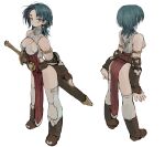  1girl bare_shoulders blue_eyes blue_hair boots breasts brown_footwear brown_gloves cleavage_cutout closed_mouth clothing_cutout commentary_request earrings ebimomo elbow_gloves fingerless_gloves full_body gloves highres holding holding_sword holding_weapon jewelry large_breasts medium_hair multiple_views pelvic_curtain riula_(stones_of_dragon) scabbard sheath sheathed simple_background single_earring standing stones_of_dragon sword thigh-highs weapon white_background white_legwear 