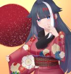  azur_lane bangs black_hair blue_eyes breasts clenched_hands closed_mouth clothes_grab commentary_request cowboy_shot deutschland_(azur_lane) dots eyebrows eyebrows_visible_through_hair eyes_visible_through_hair fang fingers_to_cheek fur-trimmed_kimono fur_trim gradient gradient_background head_tilt highres holding japanese_clothes kimono long_hair long_sleeves mashiro03 medium_breasts multicolored_hair obi orange_sash pink_kimono pose red_background redhead sash sidelocks sleeve_grab smile standing streaked_hair traditional_clothes v very_long_hair white_hair wide_sleeves yellow_background 