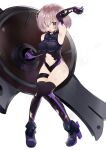1girl armor armored_dress bare_shoulders breasts elbow_gloves eyebrows_visible_through_hair fate/grand_order fate_(series) gloves knees_together_feet_apart lavender_eyebrows lavender_hair looking_at_viewer mash_kyrielight medium_breasts niseneko21 purple_gloves shield shielder_(fate/grand_order) short_hair smile solo thigh-highs thighs type-moon violet_eyes