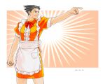  1boy ace_attorney alternate_costume apron arm_up artist_name black_hair border bow bowtie center_frills chinese_commentary closed_mouth collared_dress commentary_request cowboy_shot crossdressing dated dress forehead frilled_apron frills godzillapigeon1 highres maid_apron male_focus orange_dress outside_border outstretched_arm phoenix_wright phoenix_wright:_ace_attorney_-_trials_and_tribulations pocket pointing puffy_short_sleeves puffy_sleeves red_bow red_bowtie short_dress short_hair short_sleeves signature solo spiky_hair standing v-shaped_eyebrows white_apron white_border 