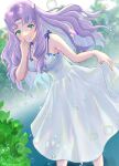  1girl absurdres alternate_costume bare_shoulders blurry blush breasts bubble commission dappled_sunlight depth_of_field dress fire_emblem fire_emblem:_the_blazing_blade florina_(fire_emblem) green_eyes highres looking_at_viewer medium_breasts purple_hair skeb_commission skirt_hold sleeveless sleeveless_dress smile snow20200 solo sunlight twitter_username underwater white_dress 