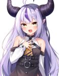  1girl :d ahoge ascot bangs black_dress blush braid commentary_request demon_horns detached_sleeves dress eyebrows_visible_through_hair fang hand_on_own_chest hololive horns hoshino_reiji la+_darknesss light_purple_hair long_hair long_sleeves looking_at_viewer multicolored_hair pointy_ears purple_hair simple_background skin_fang smile solo streaked_hair upper_body very_long_hair virtual_youtuber white_background yellow_ascot yellow_eyes 