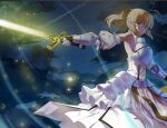  1girl armor armored_dress artoria_pendragon_(all) black_bow blonde_hair blue_sky bow breastplate caliburn dress eyebrows_visible_through_hair fate/grand_order fate/unlimited_codes fate_(series) faulds floating_hair fucker_(pixiv9205764) gauntlets green_eyes hair_between_eyes hair_bow hands_on_hilt highres long_hair looking_at_viewer outdoors petals ponytail saber_lily signature sleeveless sleeveless_dress solo standing white_dress 