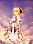  1girl armor armored_dress artoria_pendragon_(all) black_bow blonde_hair blue_sky bow breastplate caliburn dress eyebrows_visible_through_hair fate/grand_order fate/unlimited_codes fate_(series) faulds floating_hair gauntlets green_eyes hair_between_eyes hair_bow hands_on_hilt highres long_hair looking_at_viewer outdoors petals ponytail ryota_sakura saber_lily signature sleeveless sleeveless_dress solo standing white_dress 