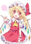  1girl absurdres ascot blonde_hair blush eyebrows eyebrows_visible_through_hair flandre_scarlet hair_between_eyes hat hat_ribbon head_tilt highres kyouda_suzuka long_hair looking_at_viewer mob_cap open_mouth puffy_short_sleeves puffy_sleeves red_eyes red_skirt ribbon short_sleeves side_ponytail simple_background skirt skirt_set solo teeth touhou twitter_username vest white_background wings wrist_cuffs 
