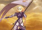  1girl armor armored_dress banner black_ribbon blonde_hair blue_eyes braid eyebrows_visible_through_hair fate/apocrypha fate/grand_order fate_(series) gauntlets highres jdrawn jeanne_d&#039;arc_(fate) jeanne_d&#039;arc_(fate)_(all) long_hair low-tied_long_hair ponytail purple_legwear ribbon ruler_(fate/apocrypha) sheath sheathed single_braid smile solo standing sword thigh-highs very_long_hair weapon 