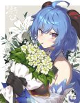  1girl :t ahoge bangs bare_shoulders black_gloves blue_hair blush bouquet breasts closed_mouth detached_sleeves eyebrows_visible_through_hair flower ganyu_(genshin_impact) genshin_impact gloves grey_background highres holding holding_bouquet horns lily_(flower) long_hair long_sleeves looking_at_viewer low_ponytail medium_breasts red_eyes sideboob simple_background solo upper_body very_long_hair white_flower yugion 
