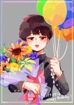  1boy absurdres balloon bouquet brown_eyes brown_hair commentary_request cropped_torso dated flower gakuran grey_background happy_birthday highres holding holding_bouquet kageyama_shigeo long_sleeves looking_at_viewer male_focus mob_psycho_100 mogutofuoes open_mouth orange_flower purple_flower school_uniform short_hair simple_background smile solo sunflower upper_body yellow_flower 