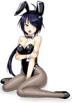  animal_ears bare_shoulders between_legs black_bow black_bowtie black_footwear black_hair black_leotard blue_eyes blush bow bowtie breasts brown_legwear covered_navel embarrassed eyebrows_visible_through_hair hair_over_one_eye kako_(kancolle) kantai_collection kudou_(ooabareteng) leotard long_hair medium_breasts messy_hair open_mouth pantyhose ponytail rabbit_ears simple_background sitting spread_legs strapless strapless_leotard white_background wrist_cuffs 