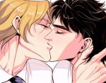 2boys black_hair blonde_hair closed_eyes dio_brando hair_twirling jojo_no_kimyou_na_bouken jonathan_joestar kiss male_focus multiple_boys necktie phantom_blood spadelake yaoi