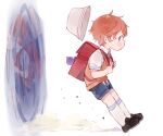  1boy bag child commentary english_commentary hat highres male_focus orange_hair original school_bag short_hair short_sleeves shorts smile socks solo suspenders thebrushking time_machine time_travel 