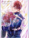  1boy absurdres back bangs birthday blue_eyes boku_no_hero_academia border bouquet burn_scar confetti costume dated english_text foreground_text from_side hair_between_eyes heterochromia high_collar highres holding holding_bouquet konsobastew light_smile long_bangs looking_at_viewer looking_back male_focus mixed-language_text multicolored_hair pillarboxed redhead scar scar_on_face short_hair smile solo split-color_hair streamers text_focus todoroki_shouto translation_request twitter_username two-tone_hair white_hair 