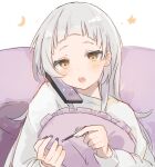  1girl :o absurdres applying_makeup bangs blush cellphone crescent hair_behind_ear head_tilt highres holding holding_pillow hololive looking_at_viewer murasaki_shion nail_polish oisiimizu open_mouth phone pillow purple_nails silver_hair smartphone solo star_(symbol) sweater virtual_youtuber white_sweater yellow_eyes 