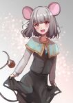  1girl animal_ears bangs basket blue_capelet blush capelet chidori_nekoro commentary_request commission cowboy_shot crystal curtsey eyebrows_visible_through_hair grey_hair grey_skirt grey_vest highres jewelry long_sleeves looking_at_viewer mouse mouse_ears mouse_girl mouse_tail nazrin open_mouth pendant red_eyes shirt short_hair skeb_commission skirt skirt_set smile solo tail touhou twitter_username vest white_shirt 