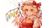  1girl :d ascot bangs blonde_hair blood blood_splatter bow broken_heart brooch chinese_commentary commentary crystal flandre_scarlet frilled_shirt_collar frills giving hair_between_eyes hat hat_bow heart heart_brooch highres jewelry kuchuanleikan long_sleeves looking_at_viewer mixed-language_commentary mob_cap one_side_up open_hand open_mouth puffy_short_sleeves puffy_sleeves red_bow red_eyes red_vest ribbon-trimmed_headwear ribbon_trim shirt short_hair short_sleeves simple_background smile solo teeth touhou upper_body vest white_background white_headwear white_shirt wings wrist_cuffs yellow_ascot 