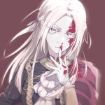  1girl black_jacket blood blood_on_clothes blood_on_face brown_background edelgard_von_hresvelg eyebrows_visible_through_hair eyelashes finger_to_mouth fire_emblem fire_emblem:_three_houses floating_hair garreg_mach_monastery_uniform gloves hair_intakes hair_ribbon highres jacket laphroaig_30_years long_hair open_mouth purple_ribbon ribbon silver_hair solo upper_body violet_eyes white_gloves 