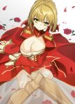  1girl ahoge blonde_hair blurry breasts cleavage corset fate/extra fate/grand_order fate_(series) flower green_eyes hair_flower hair_ornament highres looking_at_viewer nero_claudius_(fate)_(all) ocean petals saber_extra same_(sendai623) short_hair smile solo 