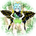  1girl absurdres antennae aqua_hair barefoot blush brown_eyes butterfly_wings closed_mouth dress eternity_larva eyebrows_visible_through_hair fairy full_body green_dress hair_between_eyes highres leaf leaf_on_head multicolored_clothes multicolored_dress shinkai_no_shachi short_hair short_sleeves single_strap smile solo touhou wings 