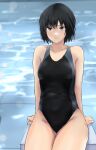  1girl amagami arm_support arms_behind_back bangs bare_shoulders black_hair black_swimsuit blue_swimsuit breasts brown_eyes closed_mouth collarbone commentary competition_swimsuit cowboy_shot groin highleg highleg_swimsuit highres looking_at_viewer medium_breasts nanasaki_ai one-piece_swimsuit pool poolside raised_eyebrows short_hair sitting solo swimsuit thighs two-tone_swimsuit ykh1028 