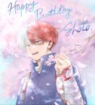  1boy bangs blue_eyes blurry blurry_background boku_no_hero_academia burn_scar character_name cherry_blossoms costume dappled_sunlight english_text falling_petals flower gauntlets hair_between_eyes happy_birthday heterochromia high_collar highres holding holding_flower long_bangs looking_at_viewer male_focus multicolored_hair open_mouth petals piiinon168 redhead scar scar_on_face short_hair smile solo split-color_hair sunlight todoroki_shouto two-tone_hair upper_body white_hair 