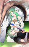  2girls alternate_hair_color armor bangs blush breasts byleth_(fire_emblem) byleth_eisner_(female) camel000 closed_mouth dragon dress enlightened_byleth_(female) fire_emblem fire_emblem:_three_houses flower green_eyes green_hair hair_flower hair_ornament highres horns lap_pillow large_breasts long_hair lying lying_on_lap medium_hair multiple_girls open_mouth rhea_(fire_emblem) smile the_immaculate_one white_dress yuri 