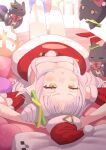  1girl absurdres bangs blunt_bangs blush detached_sleeves dress embarrassed fur-trimmed_dress fur_trim hair_cones half_updo hat highres hololive kage_(ka_9e_4su) long_hair looking_at_viewer lying murasaki_shion on_back on_bed red_dress santa_costume santa_dress santa_hat shiokko_(murasaki_shion) short_dress side_bun silver_hair sleeveless sleeveless_dress solo_focus triangle_mouth upside-down virtual_youtuber yellow_eyes 