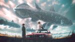  1boy 1girl animal building car coelacanth commentary field fish floating ground_vehicle highres hipy_(image_oubliees) motor_vehicle original outdoors oversized_animal scenery sitting sky wide_shot 