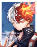  1boy bangs blue_background blue_eyes boku_no_hero_academia burn_scar character_name costume dated english_text fire foreground_text frost hair_between_eyes hand_up happy_birthday heterochromia highres long_bangs looking_at_viewer male_focus multicolored_hair ne_o_92 outside_border portrait redhead scar scar_on_face short_hair signature smile solo special_moves split-color_hair todoroki_shouto two-tone_hair white_hair 