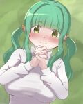  1girl bangs blunt_bangs breasts eyebrows_visible_through_hair futaba_sana green_eyes green_hair large_breasts looking_at_viewer magia_record:_mahou_shoujo_madoka_magica_gaiden mahou_shoujo_madoka_magica medium_hair own_hands_clasped own_hands_together sara_(arorasyeimi) sidelocks simple_background smile solo sweater twintails two_side_up 