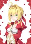  1girl ahoge blonde_hair blurry breasts cleavage corset fate/extra fate/grand_order fate_(series) flower green_eyes hair_flower hair_ornament highres looking_at_viewer nero_claudius_(fate)_(all) ocean petals saber_extra short_hair smile solo yasima61 