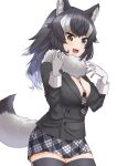  1girl animal_ears black_hair black_legwear black_necktie black_skirt blue_eyes blush breasts brown_eyes eyebrows_visible_through_hair fang gloves gradient_hair grey_wolf_(kemono_friends) heterochromia highres kemono_friends kimurayou103 large_breasts long_hair long_sleeves looking_at_viewer multicolored_hair necktie open_mouth pleated_skirt skirt smile solo tail thigh-highs white_gloves white_hair wolf_ears wolf_girl wolf_tail 