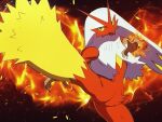  blaziken claws colored_sclera commentary_request fire green_eyes leg_up looking_to_the_side nishieda_kanoe open_mouth pokemon pokemon_(creature) red_fur solo yellow_fur yellow_sclera 