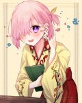  1girl :d adjusting_hair blush bow fate/grand_order fate_(series) floral_print framed hair_bow hair_over_one_eye hand_in_hair harukappa highres japanese_clothes kimono leaning_forward long_sleeves looking_at_viewer mash_kyrielight pink_hair print_kimono short_hair smile solo standing tied_hair violet_eyes yellow_bow yellow_kimono 