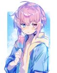  1boy absurdres blue_hair blush food heterochromia highres hot long_sleeves looking_to_the_side male_focus open_clothes open_shirt original pink_hair popsicle redhead sweat uenomigi 