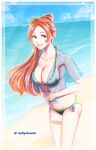  1girl :d bangs bikini bleach blue_eyes breasts collarbone floating_hair flower framed green_bikini hair_flower hair_ornament highres inoue_orihime large_breasts long_hair looking_at_viewer nellyslewds orange_hair parted_bangs ribbon see-through shiny shiny_hair short_sleeves side-tie_bikini sideboob smile solo swimsuit thighlet twitter_username very_long_hair white_ribbon yellow_flower 